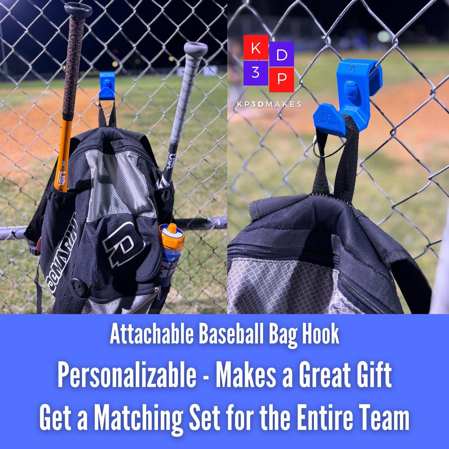 Personalized Attachable Baseball Bag Hook for Hanging on Fence